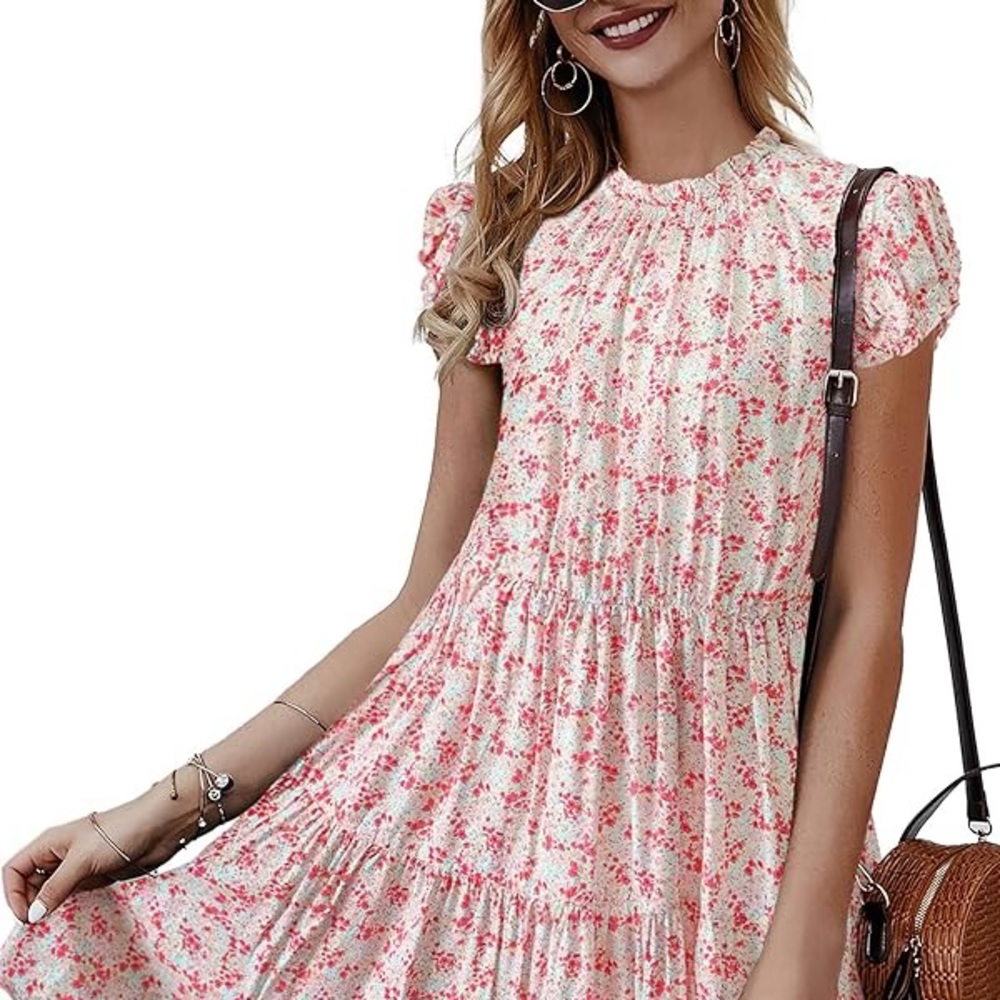 Pink floral sundress, good for the office or for weekend activities.